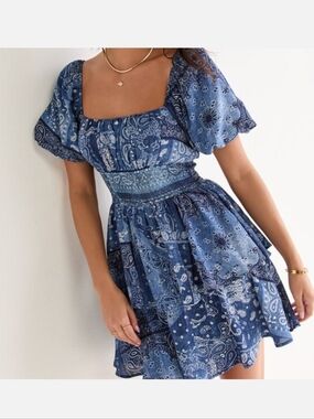 Trixxi Francesca's Blue Bandana Puff Sleeve Smocked Mini Dress Size S